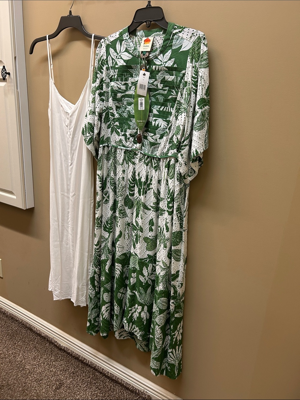 FARM Rio Forest Soul Elbow Length Sleeve Green Off White Eyelet Midi Dress